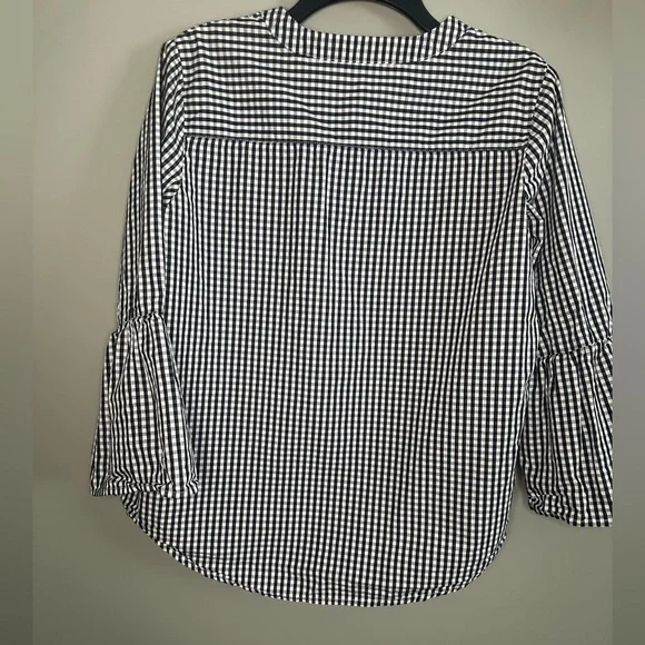 Marc NY Black and White Gingham Shirt Embroidered floral print Bell Sleeves  SzS - Picture 7 of 7